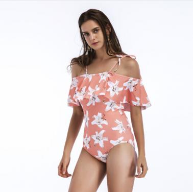 Ladies floral printing ruffle tiered one-piece swimsuit beachwear OEM service-pink