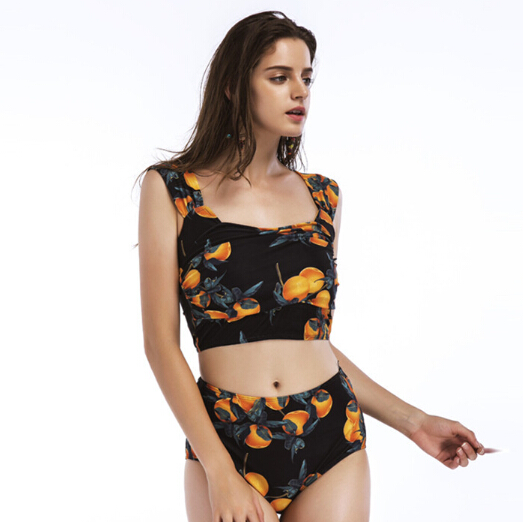 Floral printing two pieces ladies swimwear high waist bottom OEM service
