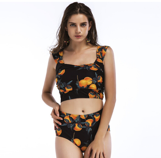 Floral printing two pieces ladies swimwear high waist bottom OEM service