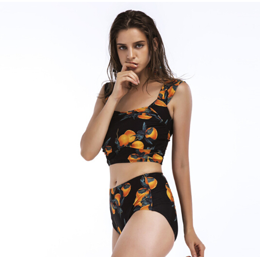 Floral printing two pieces ladies swimwear high waist bottom OEM service