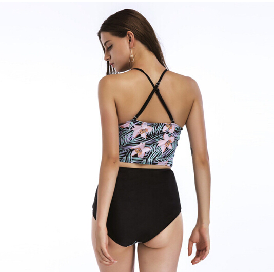 Ladies swimsuit two-pieces high waist bottom printed with back cross beachwear
