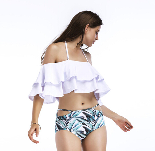 Ladies beachwear ruffle tiered top with printed bottom OEM service