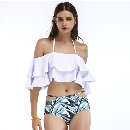 Ladies beachwear ruffle tiered top with printed bottom OEM service