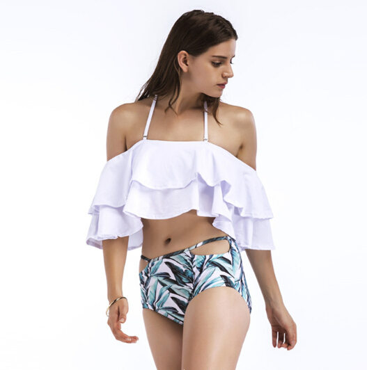Ladies beachwear ruffle tiered top with printed bottom OEM service