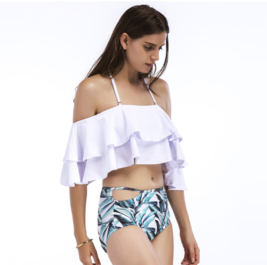 Ladies beachwear ruffle tiered top with printed bottom OEM service