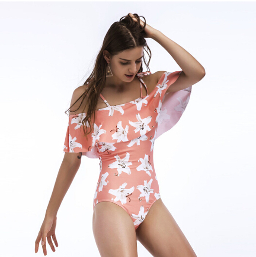 Ladies floral printing ruffle tiered one-piece swimsuit beachwear OEM service-pink