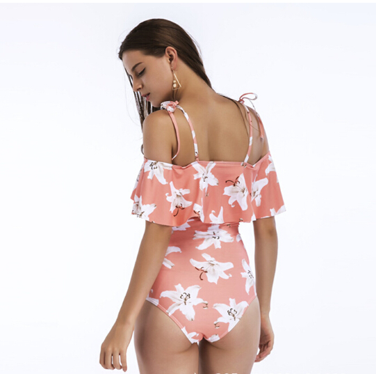 Ladies floral printing ruffle tiered one-piece swimsuit beachwear OEM service-pink
