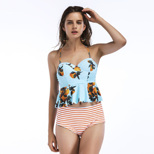 Ladies' swimwear citrus printing top with high waist reversible bottom two pieces swimwear OEM