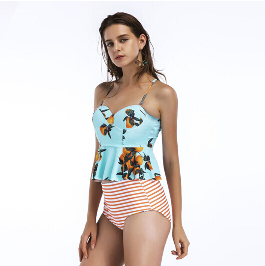 Ladies' swimwear citrus printing top with high waist reversible bottom two pieces swimwear OEM