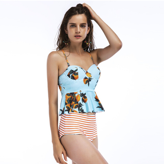 Ladies' swimwear citrus printing top with high waist reversible bottom two pieces swimwear OEM