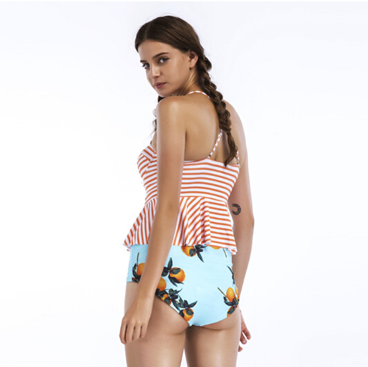 Ladies swimwear striped printing top with high waist bottom two pieces swimsuit OEM service