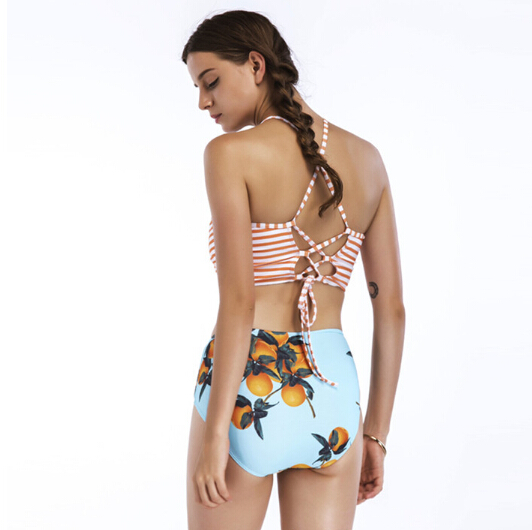 Ladies swimwear high neck striped and citrus printing two pieces beachwear with insert OEM service