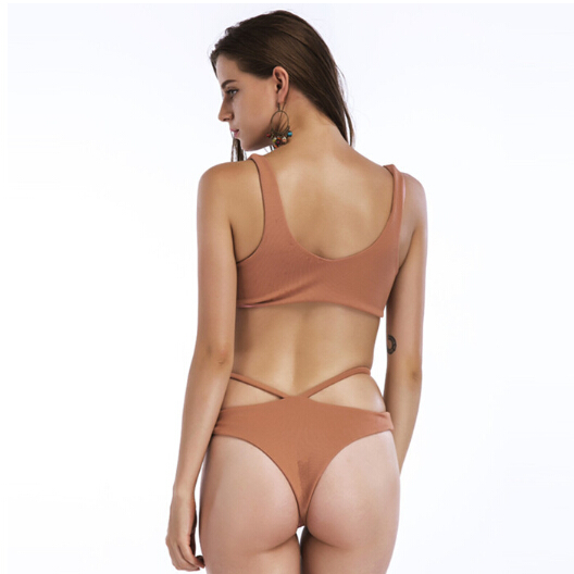Ladies bikini swimwear front bow top with side lace bottom OEM service-beige