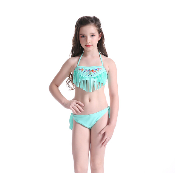 Kids swimwear bikini set with tassels OEM service-light blue