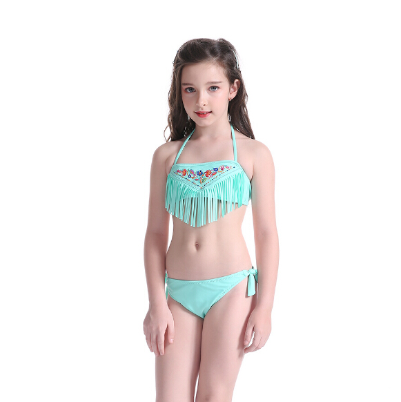 Kids swimwear bikini set with tassels OEM service-light blue