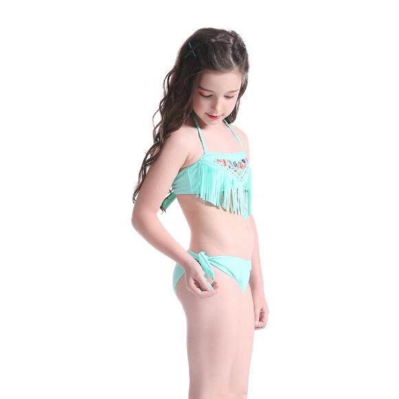 Kids swimwear bikini set with tassels OEM service-light blue