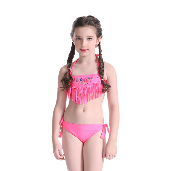 Kids swimwear girls bikini set with tassels OEM service-pink