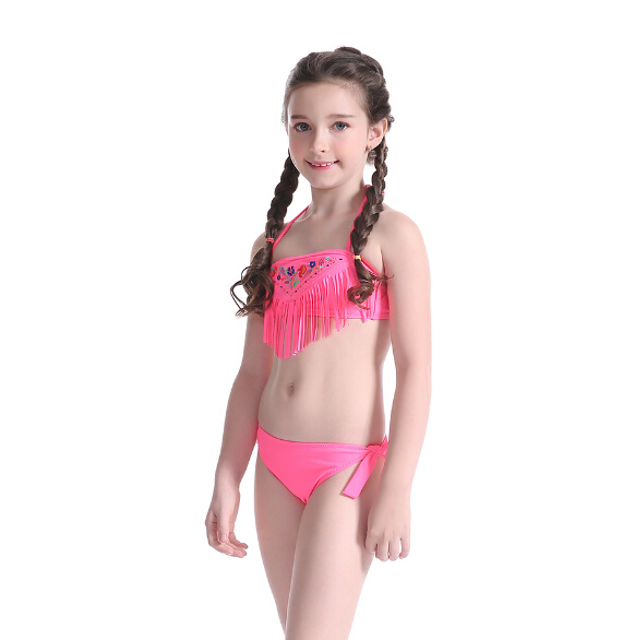 Kids swimwear girls bikini set with tassels OEM service-pink