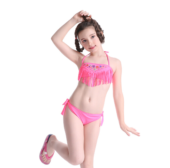 Kids swimwear girls bikini set with tassels OEM service-pink